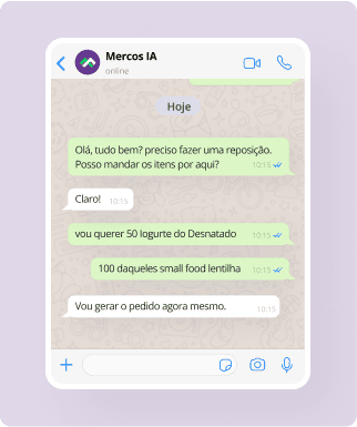 Conversa usando o recurso Pedidos com AI da Mercos, trazendo o exemplo de pedidos de alimentos pelo WhatsApp, incluindo iogurte desnatado e lentilhas, com a inteligência artificial gerando o pedido em segundos