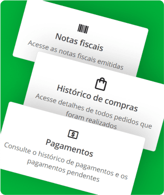 Imagem de três telas de smartphone exibindo recursos do Portal do Cliente, como acesso com autonomia a notas fiscais, histórico de compras e pagamentos por parte dos próprios clientes da distribuidora, com fundo verde
