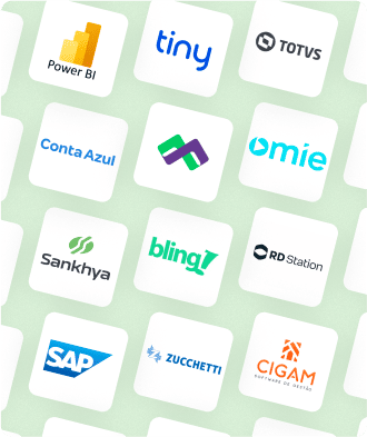 Imagem mostrando logos de diversas plataformas de tecnologia e fintechs, incluindo ERPs, CRMs e BIs como Power BI, Conta Azul, Santander, SAP, CIGAM, entre outras, destacando a capacidade de integração do Mercos com diferentes soluções do universo digital e financeiro para empresas B2B