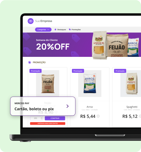 A imagem mostra o e-commerce B2B Mercos. Com ele, a distribuidora vende online para outras empresas, como atacadistas e lojistas. No exemplo, trata-se de uma distribuidora de alimentos usando o sistema para distribuidora Mercos para vender feijão, arroz, spaghetti e muito mais, com destaques e promoções personalizáveis conforme as políticas da empresa.