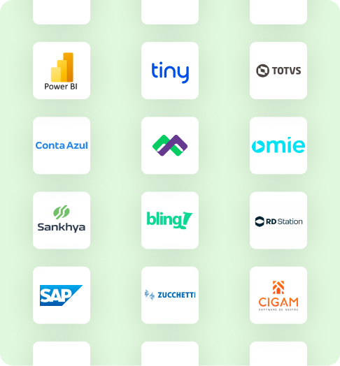 Imagem com um compilado de logos de empresas com as quais o Mercos se conecta, por meio de integrações realizadas com APIs abertas, seguras e sem complicações para TI. É possível ver exemplos de ERPs, BIs e CRMs, como Power BI, Tiny, Conta Azul, Sankhya, SAP, Zucchetti, Cigam, entre outros