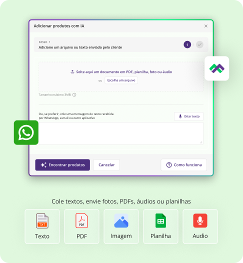 Imagem do sistema de pedidos com IA da Mercos, que oferece automação da força de vendas. É possível ver a tela em que os pedidos que chegam por WhatsApp, e-mail, planilhas, áudios, texto ou PDF são adicionados, permitindo a emissão rápida de pedidos, economizando até 90% de tempo nessa tarefa. Há também os botões "Encontrar produtos", "Cancelar" e "Como funciona", que guiam o usuário pela experiência do recurso.