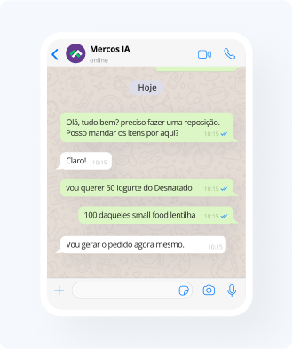 Imagem mostrando o recurso Pedidos com IA do sistema para indústria Mercos. É possível ler uma troca de conversa pelo WhatsApp entre vendedor e cliente, com o vendedor podendo pegar o print da conversa, por exemplo, e lançar no Pedidos com IA Mercos, que criará o pedido diretamente dentro do sistema usando inteligência artificial e ajudando-o a economizar até 90% do tempo gasto em pedidos e orçamentos