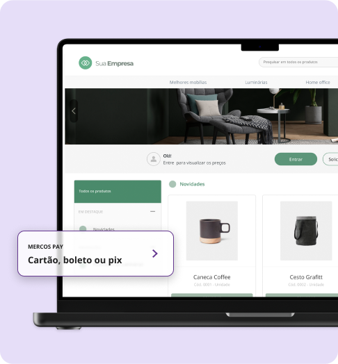 Tela do e-commerce B2B para indústria Mercos, exibindo produtos como caneca de café e cesta graffiti, com a loja virtual podendo ser personalizada conforme o segmento e setor da indústria