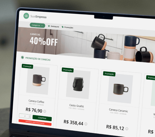 Imagem de uma loja de e-commerce B2B do Mercos, com produtos, preços e descontos exibidos em uma vitrine online