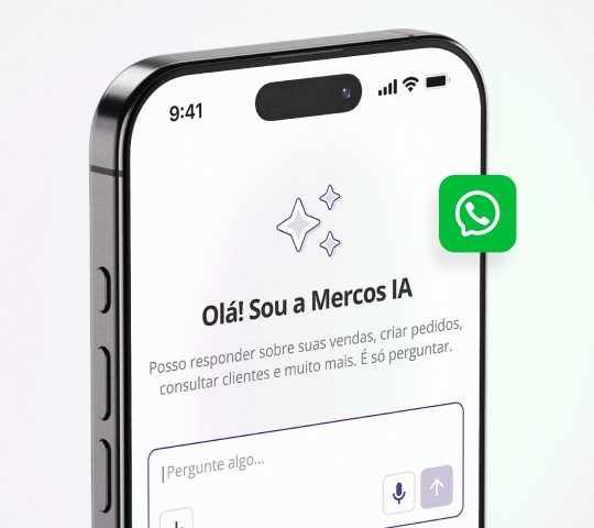 Tela da Mercos IA em um celular, pronta para responder perguntas sobre os dados da operação via WhatsApp