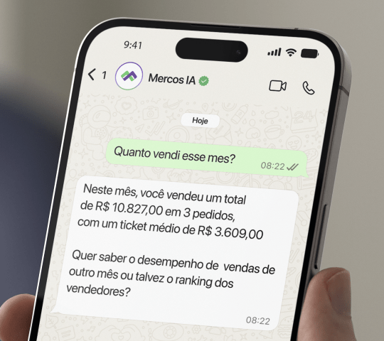 Tela do Mercos IA no WhatsApp, respondendo perguntas sobre vendas e desempenho dos vendedores da operação comercial