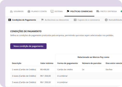 Tela do Mercos mostrando configurações de condições de pagamento dentro da política comercial de vendas, com lista de parcelas, valores mínimos e formas de pagamento