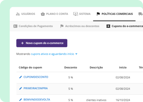 Lista de cupons de desconto configurados no Mercos como parte da política comercial de vendas para o e-commerce B2B da indústria ou distribuidora, com códigos, percentuais e datas de início e término