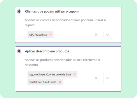 Definição de clientes e produtos elegíveis para utilizar cupons dentro da política no Mercos, com seleção individual de cada item