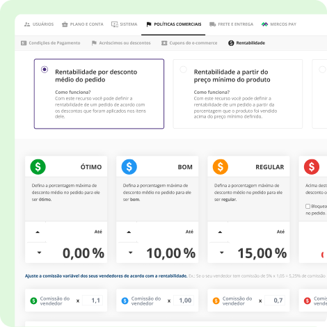 Tela do Mercos apresentando configuração de rentabilidade por desconto médio do pedido ou preço mínimo do produto com diferentes faixas de classificação e ajuste automático de comissão de vendedor, ilustrando os recursos de política comercial de vendas para maximizar resultados em indústrias e distribuidoras