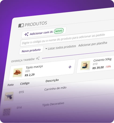 Tela do sistema de vendas Mercos, no qual o representante emite os pedidos de seus clientes. A imagem exibe produtos como cimento e tijolo, com opções de adicionar ao carrinho e listar todos os produtos. O fundo da tela é branco e está em contraste com um fundo de imagem roxo. Também é possível ver o botão de 'Adicionar com IA', em que o representante pode clicar para criar pedidos para seus clientes por meio de mensagens, áudios, planilhas e pfds recebidos, em segundos.