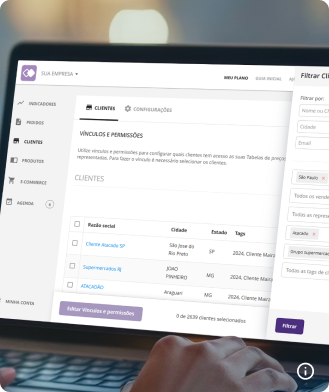 Imagem exibindo uma tela de computador com o CRM Mercos, incluindo a possibilidade de personalizar as tabelas de preço por clientes, filtros para diferentes categorias e controle de permissões, ideal para manter a gestão e a venda externa alinhados e permitir que o representante venda sem impedimentos.