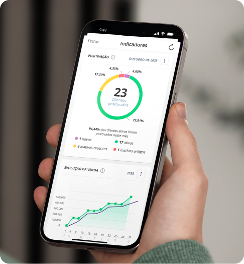 Mão em frente ao notebook. Na tela, é possível ver o sistema de pedidos para representantes Mercos, aberto na tela de controle de visitas, agenda e roteirização. A tela é branca é contém uma lista de clientes e roteiros que o representante deve visitar. É possível ver colunas: roteiro, vendedor, data, repetição, dia da semana, quantidade de clientes no roteiro, situação. Assim, o vendedor externo controla de perto a produtividade da sua operação comercial.