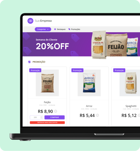 Imagem do e-commerce B2B para representantes comerciais da Mercos, um sistema online pelo qual os clientes do representante podem comprar com autonomia. É possível ver um banner roxo no topo, indicando um destaque da loja (semana do cliente com 20% off em produtos alimentícios). Também é possível ver o que está em promoção, sendo um feijão, um arroz e um spaghetti. Em cada item é possível ver o botão 'comprar' e selecionar a quantidade. O feijão contém um destaque em vermelho indicando que é possível conseguir ainda mais descontos comprando em uma maior quantidade.