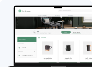 Imagem do E-commerce B2B Mercos com Videochamada, mostrando um site que vende canecas B2B, ou seja, para outras empresas. É possível ver uma caneca preta com a base bege, uma outra caneca preta com o topo cinza e uma jarra preta com cabo bege à venda, para que os clientes comprem diretamente do site, com o vendedor podendo acompanhar de perto, por vídeo