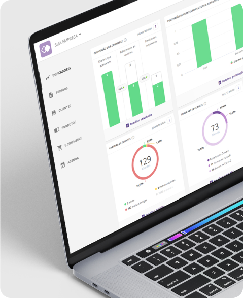 Imagem do sistema de vendas Mercos na parte esquerda e inferior da imagem, na versão mobile (app), aparecendo na tela de um celular, com um cliente e informações sobre seu pedido. Também há a versão desktop, no centro ao lado direito da imagem, mostrando a tela inicial do sistema com foco na aba de Indicadores, focando os indicadores Conversão do E-commerce, Carteira de Clientes e Curva ABC de Clientes.