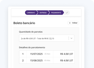 Imagem de um pedido feito na solução de pagamentos Mercos Pay. É possível ver que o comprador montou um carrinho, passou pela etapa de entrega e agora está na etapa de pagamento. A imagem mostra um pagamento sendo feito por boleto bancário, com quantidade de parcelas e detalhes do parcelamento.