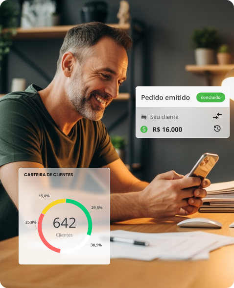 Representante, homem, mexendo no celular, com imagens saindo da tela mostrando o que ele está visualizado: o indicador Carteira de Clientes e um Pedido emitido pelo Mercos