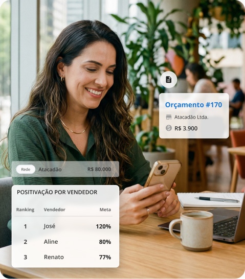 Gestora comercial de indústria e distribuidora utilizando o sistema Mercos no celular, com visualização de orçamento, metas e ranking de vendedores em uma operação de vendas B2B