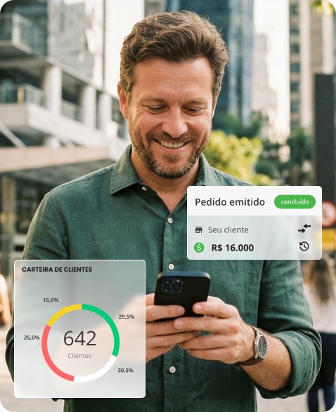 Representante, homem, mexendo no celular, com imagens saindo da tela mostrando o que ele está visualizado: o indicador Carteira de Clientes e um Pedido emitido pelo Mercos