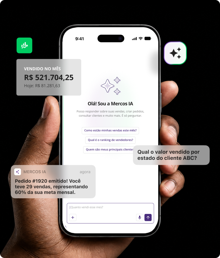 Celular mostrando a Mercos IA, a inteligência artificial da Mercos, capaz de criar pedidos, responder perguntas sobre a operação comercial de uma indústria, distribuidora ou equipe de vendas e trazer insights valiosos para a gestão comercial e representação. Na tela aparecem sugestões de perguntas, como "como estão minhas vendas este mês?", "qual é o ranking de vendedores?", "quais são meus principais clientes?" e "qual o valor vendido por estado do cliente ABC?", além de exemplos de ações, como marcar um pedido como vendido e emitir um pedido.
