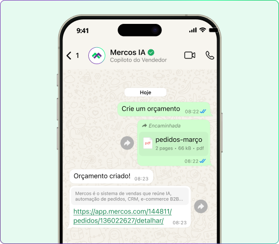 Conversa no WhatsApp com o Mercos IA, que também atua como assistente de vendas do vendedor, mostrando a criação automática de um orçamento a partir do envio de um arquivo PDF com a lista de pedidos, com link direto para o pedido gerado na plataforma Mercos.