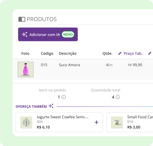 Imagem mostrando o CRM de Vendas Mercos usando inteligência artificial para dar suporte à venda. A automação de IA cuida do processo e o time da venda, emitindo pedidos em 90% menos tempo e garantindo sugestões para trabalhar melhor o mix de produtos